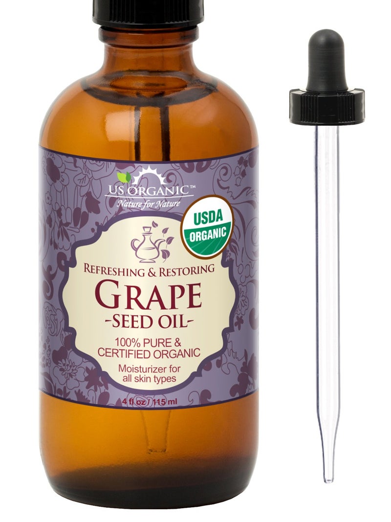 US Organic Grape Seed Oil, USDA Certified Organic, 100% Pure & Natural, Cold Pressed Virgin, Unrefined, in Amber Glass Bottle w/Glass Eye dropper for Easy Application (4 oz (115 ml)) - Image 1